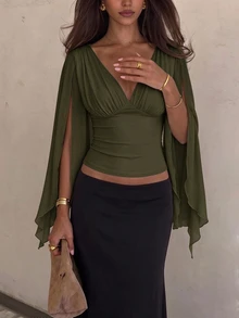Siren Gaze Women's Solid Color V-Neck Flared Sleeve Pleated Fashion Blouse - Army Green - View 5