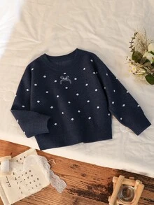 SHEIN 1件女童毛衣，時尚簡約圓領套頭衫，波點提花＋刺繡蝴蝶設計，溫柔清新可愛風，適中厚度，整齊下擺與羅紋袖口，觸感滑順，易穿脫，適合日常穿著、外出、上學等場合，秋冬穿搭 - 藏蓝色 - 查看 1