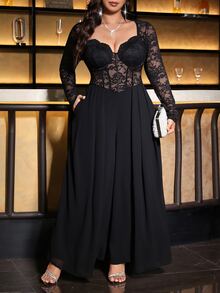 Reflora Plus Size Black Lace High Elasticity Party Evening Wedding Guest Cocktail Formal Jumpsuit Halloween Fall Sexy Fluffy Elegant - Black - View 8