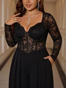 Reflora Plus Size Black Lace High Elasticity Party Evening Wedding Guest Cocktail Formal Jumpsuit Halloween Fall Sexy Fluffy Elegant - Black - View 1