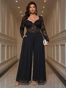 Reflora Plus Size Black Lace High Elasticity Party Evening Wedding Guest Cocktail Formal Jumpsuit Halloween Fall Sexy Fluffy Elegant - Black - View 2