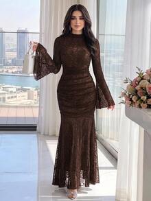 Modelyn Women's Elegant Romantic Floral Flocked Mesh Flare Sleeve Dress Dinner Party Dinner Cocktail Brown Floral Fall - Coffee Brown - View 5