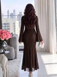 Modelyn Women's Elegant Romantic Floral Flocked Mesh Flare Sleeve Dress Dinner Party Dinner Cocktail Brown Floral Fall - Coffee Brown - View 2