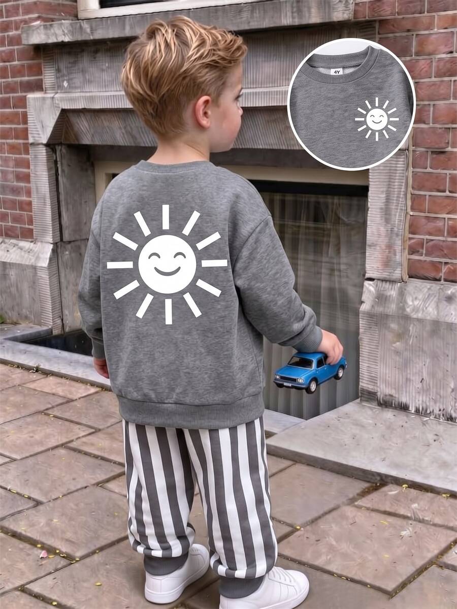 Young Boys 2Pcs Fleece Warm Fall Winter Outfits, Toddler Cute Smile Face Sun Graphic Crewneck Long Sleeve Sweatshirt And Vertical Striped Pants Set - Multicolor - View 1