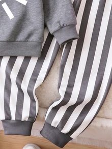 Young Boys 2Pcs Fleece Warm Fall Winter Outfits, Toddler Cute Smile Face Sun Graphic Crewneck Long Sleeve Sweatshirt And Vertical Striped Pants Set - Multicolor - View 5