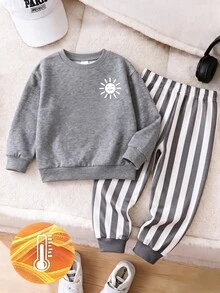 Young Boys 2Pcs Fleece Warm Fall Winter Outfits, Toddler Cute Smile Face Sun Graphic Crewneck Long Sleeve Sweatshirt And Vertical Striped Pants Set - Multicolor - View 3