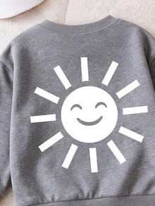 Young Boys 2Pcs Fleece Warm Fall Winter Outfits, Toddler Cute Smile Face Sun Graphic Crewneck Long Sleeve Sweatshirt And Vertical Striped Pants Set - Multicolor - View 4