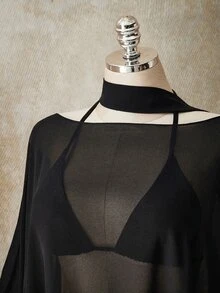 SHEIN ICON 大尺碼時尚秋季仿麂皮上衣，不對稱下擺，復古風優雅性感披肩式上衣，黑色，適合外出、夜店、派對、萬聖節 - 黑色 - 查看 4