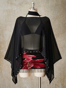 SHEIN ICON 大尺碼時尚秋季仿麂皮上衣，不對稱下擺，復古風優雅性感披肩式上衣，黑色，適合外出、夜店、派對、萬聖節 - 黑色 - 查看 3