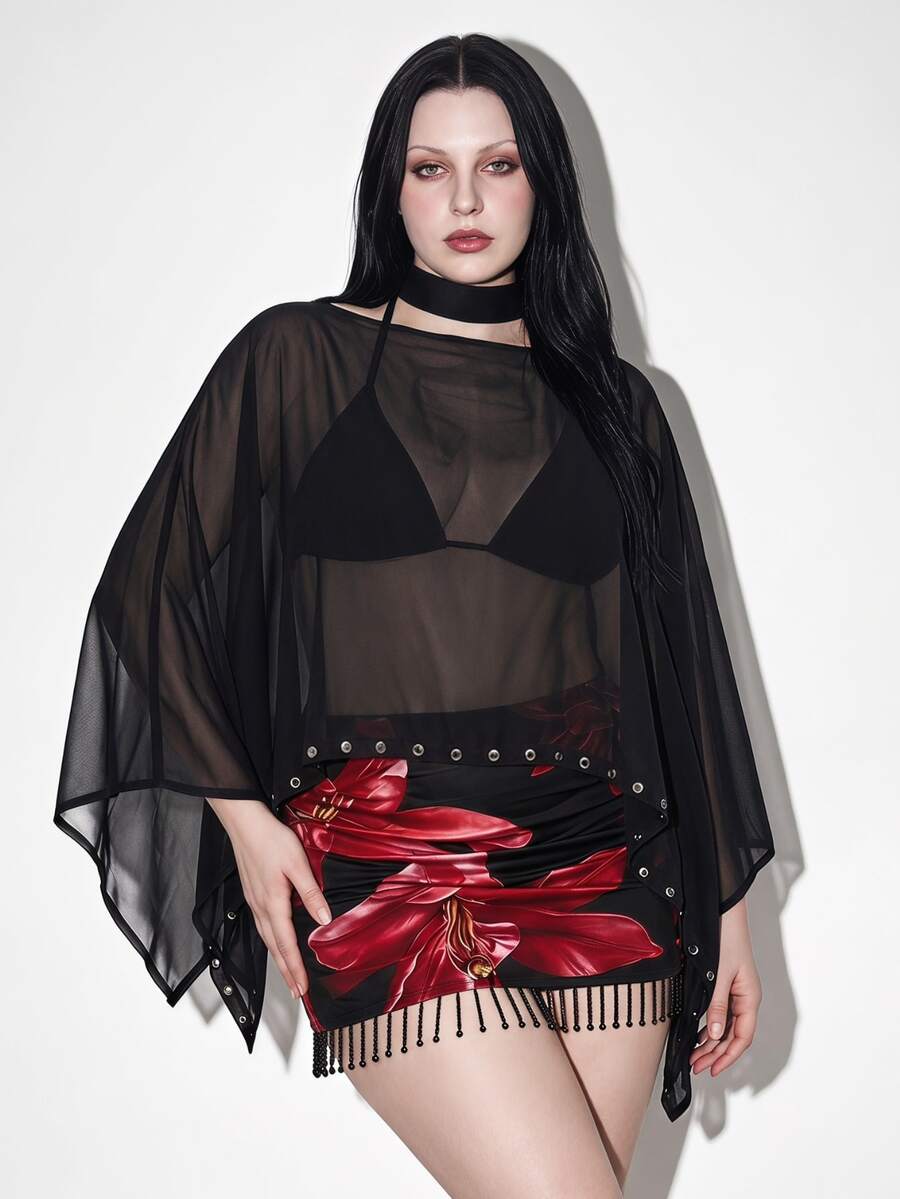 SHEIN ICON 大尺碼時尚秋季仿麂皮上衣,不對稱下擺,復古風優雅性感披肩式上衣,黑色,適合外出、夜店、派對、萬聖節 - 黑色 - 查看 1