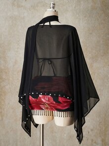 SHEIN ICON 大尺碼時尚秋季仿麂皮上衣，不對稱下擺，復古風優雅性感披肩式上衣，黑色，適合外出、夜店、派對、萬聖節 - 黑色 - 查看 2