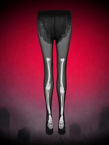 MortiRose 1 Pair Glow-In-The-Dark Skeleton Tights, Luminous Bone Pattern Pantyhose For Women, Halloween Dark Glow Stockings - Black - View 2