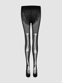MortiRose 1 Pair Glow-In-The-Dark Skeleton Tights, Luminous Bone Pattern Pantyhose For Women, Halloween Dark Glow Stockings - Black - View 6