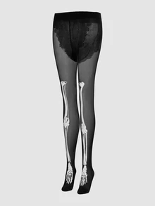 MortiRose 1 Pair Glow-In-The-Dark Skeleton Tights, Luminous Bone Pattern Pantyhose For Women, Halloween Dark Glow Stockings - Black - View 4