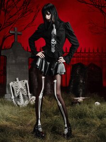 MortiRose 1 Pair Glow-In-The-Dark Skeleton Tights, Luminous Bone Pattern Pantyhose For Women, Halloween Dark Glow Stockings - Black - View 5