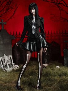 MortiRose 1 Pair Glow-In-The-Dark Skeleton Tights, Luminous Bone Pattern Pantyhose For Women, Halloween Dark Glow Stockings - Black - View 9