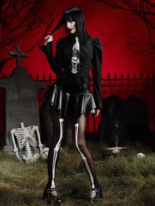 MortiRose 1 Pair Glow-In-The-Dark Skeleton Tights, Luminous Bone Pattern Pantyhose For Women, Halloween Dark Glow Stockings - Black - View 3