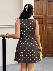GalTyme فستان جينز صيفي كاجوال يومي بنقشة نقاط للنساء مقاس كبير - بني - مشاهدة 3