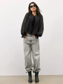 Maija 女款拼接亮片前綁帶波點網紗時尚上衣，適合外出穿搭、上班穿搭、夏季服飾、派對服飾，優雅風格 - 黑色 - 查看 4