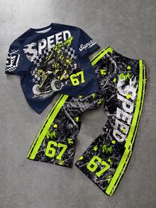 Kids Tween Boy Letter & Number Print Short Sleeve T-Shirt And Long Pants Casual Daily Outfit Set - Multicolor - View 7