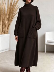 LUMIGAL Gaun Rajut Longgar Lengan Panjang Kerah Tinggi Warna Polos untuk Wanita dengan Kantong Besar - Coklat - View 3