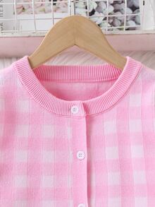 SHEIN Tween Girl Autumn/Winter Fashion Knit Cardigan + Striped Pleated Mini Skirt Set - Pink - View 5