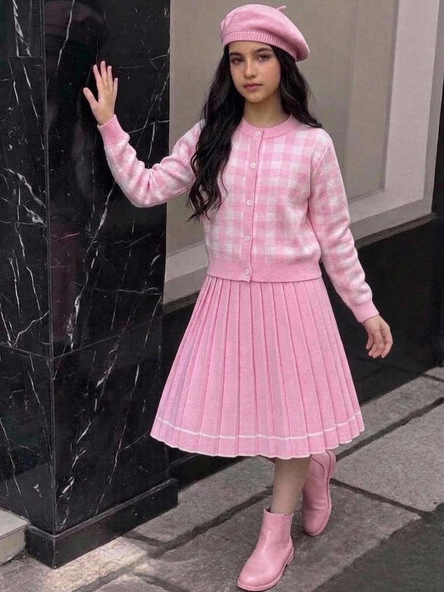 SHEIN Tween Girl Autumn/Winter Fashion Knit Cardigan + Striped Pleated Mini Skirt Set - Pink - View 1