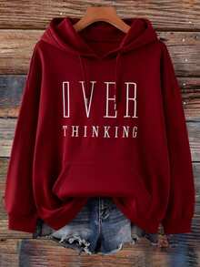 EMERY ROSE Plus Size Women Letter Embroide, Casual Loose Fit Retro American Style Sweatshirt For Women Sweatshirts Women's Sweatshirts Fall Winter - Burgundy - View 1