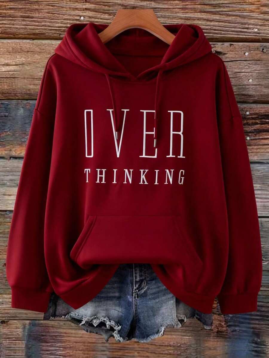 EMERY ROSE Plus Size Women Letter Embroide, Casual Loose Fit Retro American Style Sweatshirt For Women Sweatshirts Women's Sweatshirts Fall Winter - Burgundy - View 1