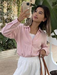 DAZY 女款棉混紡寬鬆版型純紫色休閒百搭襯衫，長袖，適合校園，秋季 - 紫色 - 查看 7