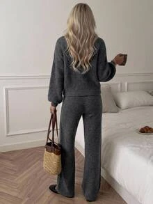 SHEIN كنزة صوفية محبوكة ناعمة ذات ياقة عالية بتصميم كتل لونية - رمادي - مشاهدة 2