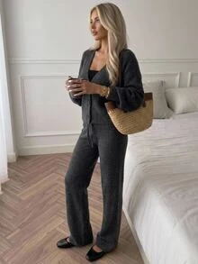 SHEIN كنزة صوفية محبوكة ناعمة ذات ياقة عالية بتصميم كتل لونية - رمادي - مشاهدة 4