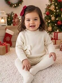 SHEIN طقم كنزة للمواليد الجدد، كنزة محبوكة بأكمام طويلة وياقة دائرية، لون أبيض سادة، تفاصيل فيونكة، بنطال - بيج - مشاهدة 1