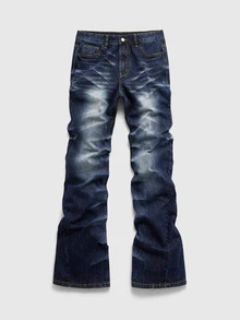 ROMWE MEN Men's Washed Distressed Layered Flare Jeans - Dark Wash - View 2