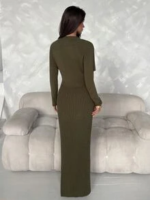 Aloruh Gaun Sweater Longgar Seksi Wanita dengan Patchwork Renda, Gaya Baru Musim Gugur/Dingin - Hijau - View 3