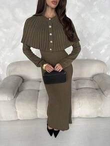Aloruh Gaun Sweater Longgar Seksi Wanita dengan Patchwork Renda, Gaya Baru Musim Gugur/Dingin - Hijau - View 4