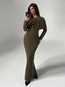 Aloruh Gaun Sweater Longgar Seksi Wanita dengan Patchwork Renda, Gaya Baru Musim Gugur/Dingin - Hijau - View 2