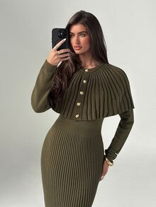 Aloruh Gaun Sweater Longgar Seksi Wanita dengan Patchwork Renda, Gaya Baru Musim Gugur/Dingin - Hijau - View 6