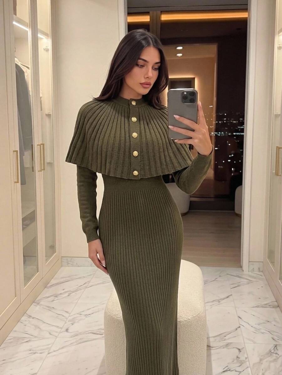 Aloruh Gaun Sweater Longgar Seksi Wanita dengan Patchwork Renda, Gaya Baru Musim Gugur/Dingin - Hijau - View 1
