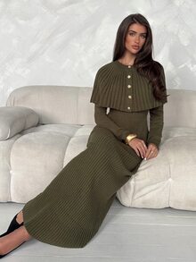 Aloruh Gaun Sweater Longgar Seksi Wanita dengan Patchwork Renda, Gaya Baru Musim Gugur/Dingin - Hijau - View 9