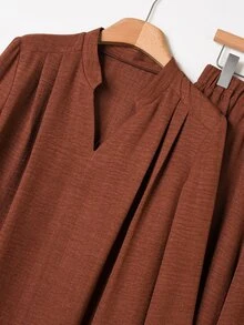 Rusticease 女款刺繡V領長袖上衣與長褲休閒端莊套裝，野餐居家早午餐穿搭，棕色與白色波點，秋季感恩節 - 棕色 - 查看 5