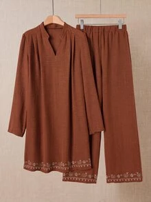 Rusticease 女款刺繡V領長袖上衣與長褲休閒端莊套裝，野餐居家早午餐穿搭，棕色與白色波點，秋季感恩節 - 棕色 - 查看 3