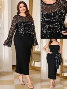 Reflora Plus Size Women's Sequin Mesh Bell Sleeve Top And Fitted Spaghetti Strap Dress Elegant 2 Pieces Set Christmas - Black - View 1