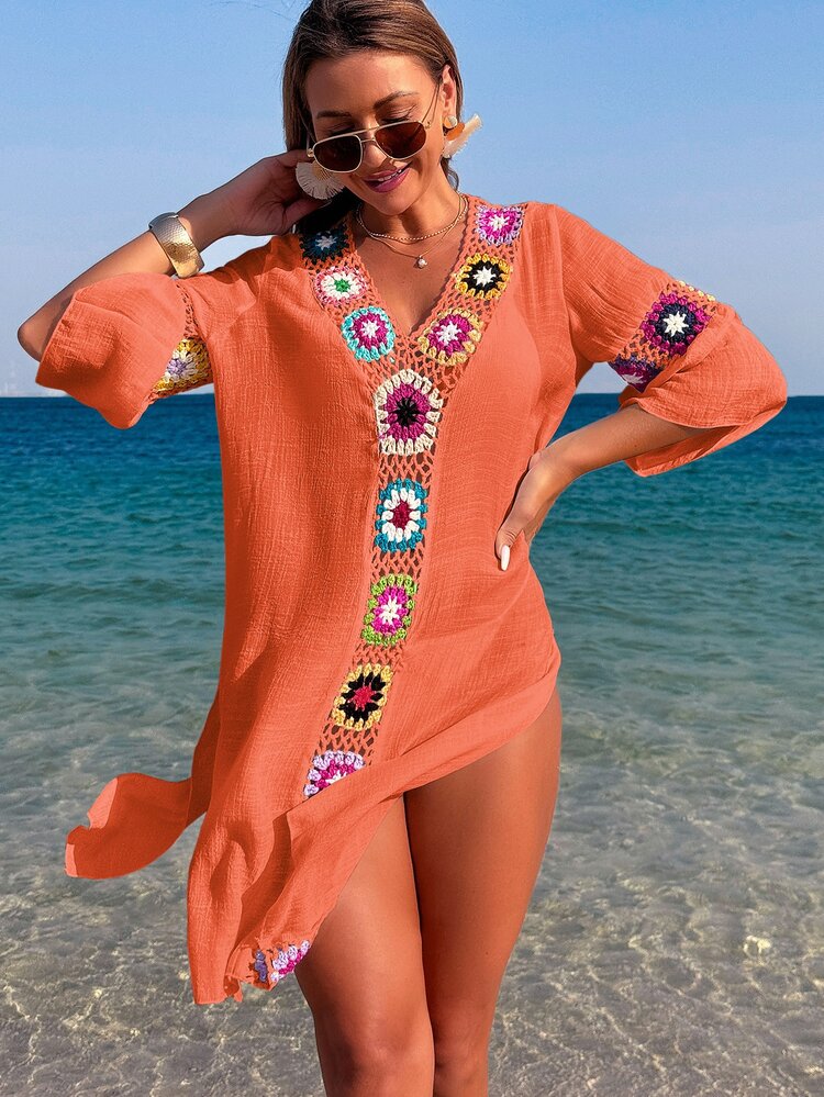 Swim Lushoire Women V-Neck 3/4 Sleeve Crocheted Floral Loose Casual Side Split Dress & Coverup, Random Color For Summer Beach Vacation - Orange - View 6