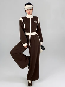 DAZY Setelan Olahraga Kasual Sehari-hari untuk Wanita: Atasan Lengan Panjang dan Celana dengan Motif Blok Warna - Coklat - View 1