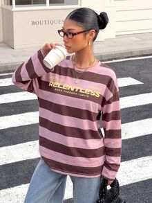 Muchica 女款寬鬆條紋露背綁帶長袖T恤，適合外出、返校、街頭穿搭，露背上衣 - 彩色 - 查看 6