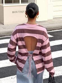 Muchica 女款寬鬆條紋露背綁帶長袖T恤，適合外出、返校、街頭穿搭，露背上衣 - 彩色 - 查看 3