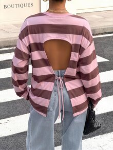 Muchica 女款寬鬆條紋露背綁帶長袖T恤，適合外出、返校、街頭穿搭，露背上衣 - 彩色 - 查看 7