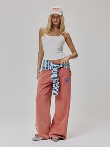 MUSERA Red Graphic Embroidered Tie Waist Loose Fit Jogger Cute Daily Vintage Y2K Back To School Primary - Red - View 5