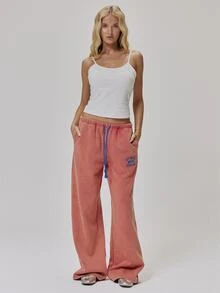 MUSERA Red Graphic Embroidered Tie Waist Loose Fit Jogger Cute Daily Vintage Y2K Back To School Primary - Red - View 1